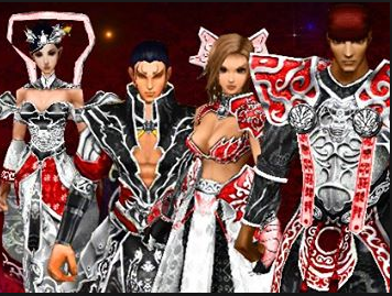 Personagens de Metin2 com trajes imperiais vermelhos, brancos e pretos